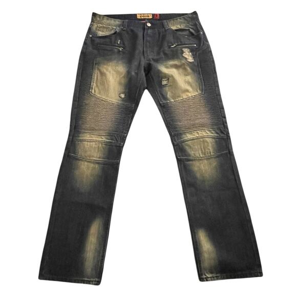 Mens Makobi Jeans 36x34 Blue Faded Distressed Zipper Pockets Streetwear Y2K - Picture 1 of 16